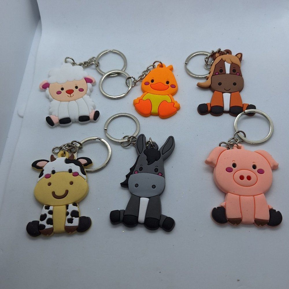 6 Pack of Animal Keychains Sheep, Duck, Horse, Cow, Donkey, Pig